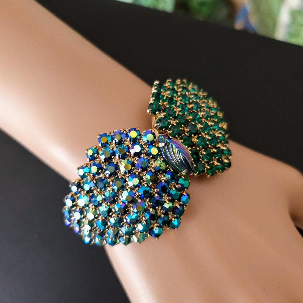 Vintage Green and Blue AB Rhinestone Hinged Clamper Bracelet
